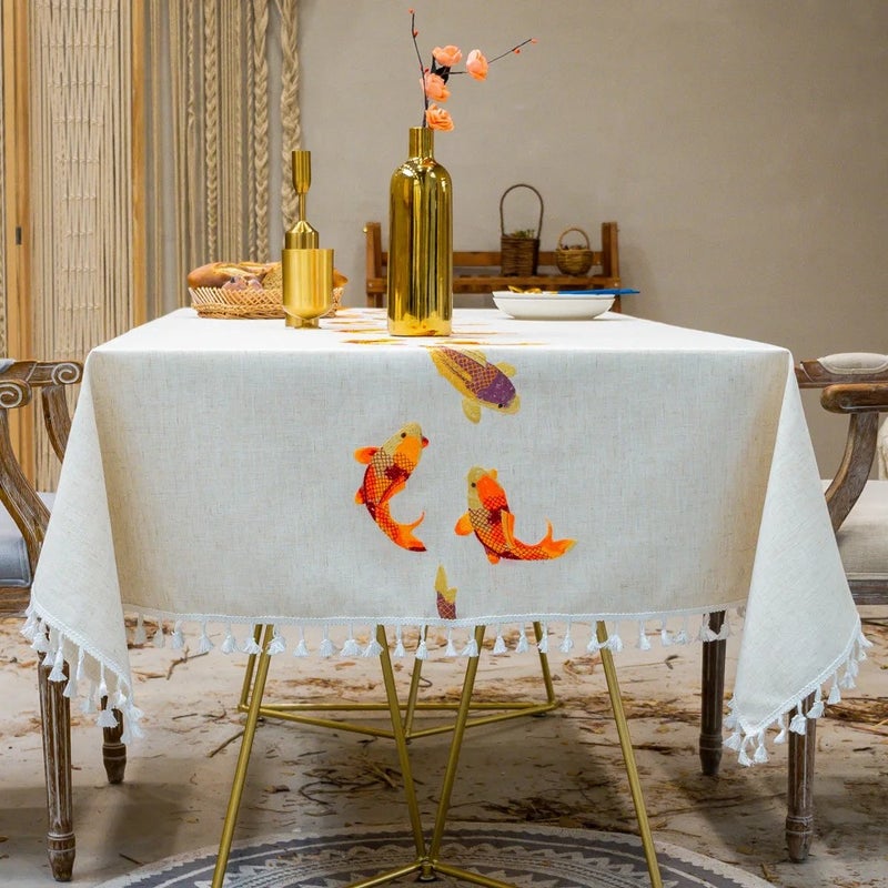 Bluejw Cotton and Linen Tablecloth with Fish Pattern Embroidery White Table Cloth with Lace Table Clothes - Image 5
